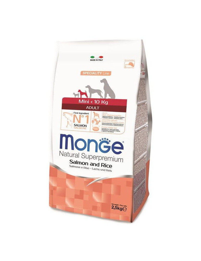 Monge mini adult sausas pašaras mažų veislių suaugusiems šunims su lašiša ir ryžiais 7,5kg Monge mini adult sausas pašaras mažų veislių suaugusiems šunims su lašiša ir ryžiais 7,5kg