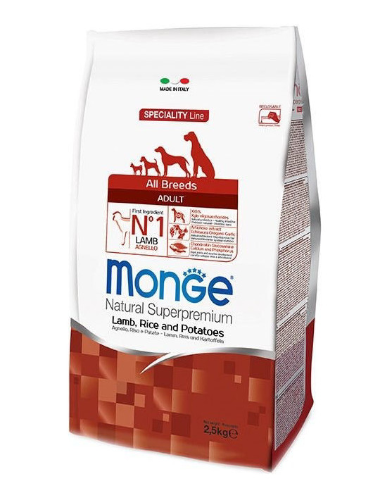 Monge adult sausas pašaras (ėriena, ryžiai, bulvės) 2,5kg Monge adult sausas pašaras (ėriena, ryžiai, bulvės) 2,5kg