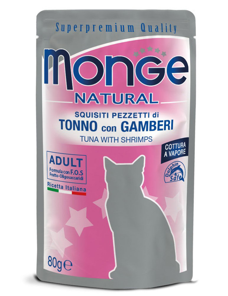 Monge Natural kons. pašaras suaugusioms katėms tuno kąsneliai su krevetėmis želėje 80g