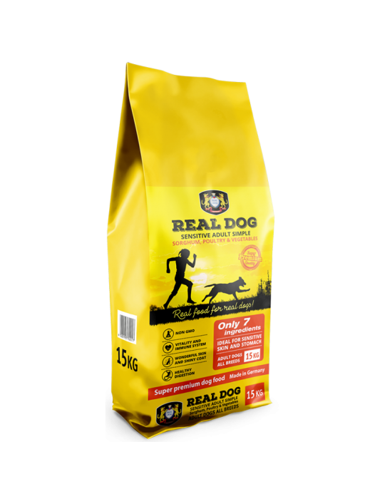 Real Dog Sensitive Simple15kg pašaras suaugusiems šunims su sorgu, paukštiena ir daržovėmis