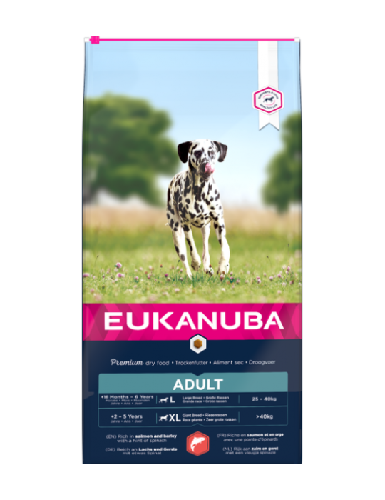 Eukanuba L/XL visavertis pašaras suaugusiems šunims su lašiša ir miežiais, 12 kg