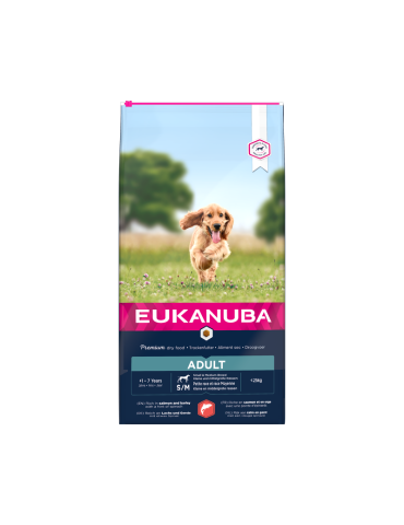 Eukanuba S/M visavertis pašaras suaugusiems šunims su lašiša ir miežiais - 12 kg
