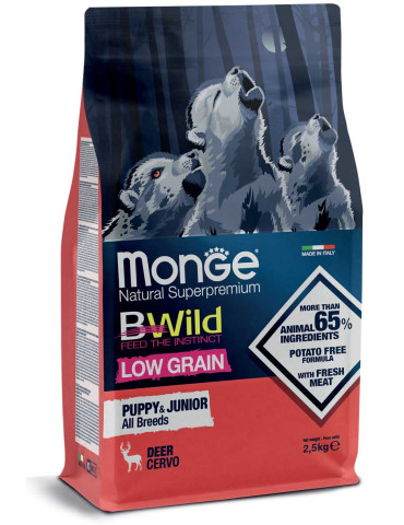 Monge BWILD Puppy&Junior sausas pašaras šuniukams su elniena 12kg